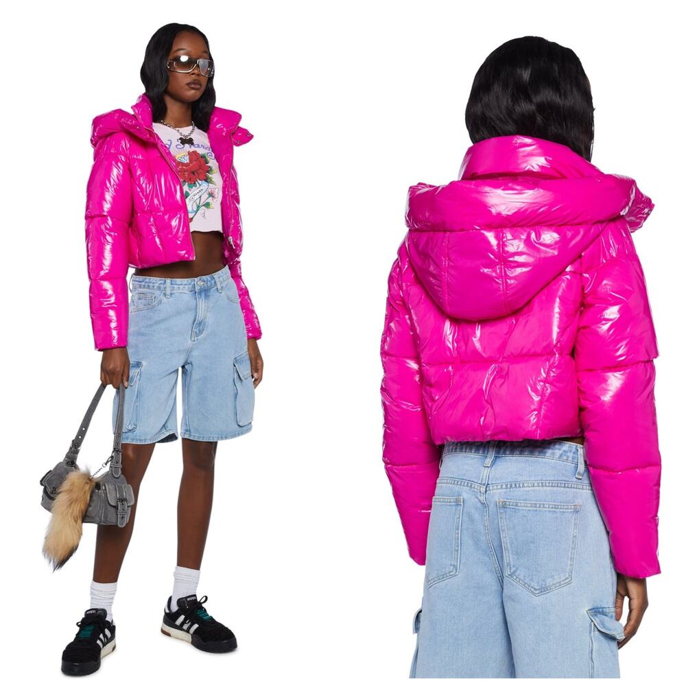 Poster Girl Futuristic Flair Hot Pink Puffer Jacket Size XXS Cropped Edgy Barbie